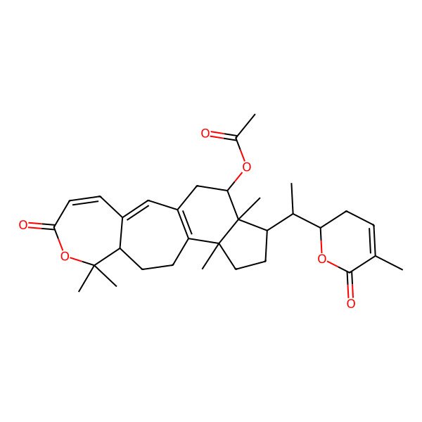 2D Structure of [(9R,13S,16R,17R,18S)-8,8,13,17-tetramethyl-16-[(1S)-1-[(2R)-5-methyl-6-oxo-2,3-dihydropyran-2-yl]ethyl]-6-oxo-7-oxatetracyclo[10.7.0.03,9.013,17]nonadeca-1(12),2,4-trien-18-yl] acetate