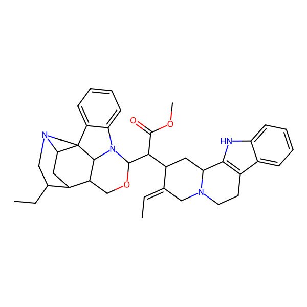 2D Structure of methyl 2-(3-ethylidene-2,4,6,7,12,12b-hexahydro-1H-indolo[2,3-a]quinolizin-2-yl)-2-(14-ethyl-10-oxa-8,16-diazahexacyclo[11.5.2.11,8.02,7.016,19.012,21]henicosa-2,4,6-trien-9-yl)acetate