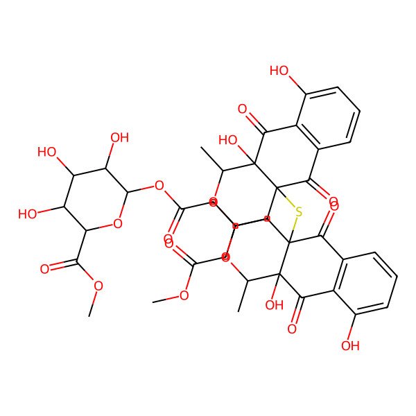 2D Structure of methyl 6-[2-[4a-[[9,10a-dihydroxy-3-(2-methoxy-2-oxoethyl)-1-methyl-5,10-dioxo-3,4-dihydro-1H-benzo[g]isochromen-4a-yl]sulfanyl]-9,10a-dihydroxy-1-methyl-5,10-dioxo-3,4-dihydro-1H-benzo[g]isochromen-3-yl]acetyl]oxy-3,4,5-trihydroxyoxane-2-carboxylate