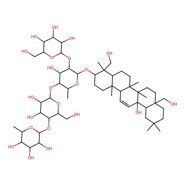 2D Structure of (2R,3R,4R,5R,6S)-2-[(2R,3S,4R,5R,6S)-6-[(2R,3R,4S,5R,6R)-6-[[(3S,4R,4aR,6aS,6aR,6bS,8aS,12aR,14aR,14bR)-6a-hydroxy-4,8a-bis(hydroxymethyl)-4,6a,6b,11,11,14b-hexamethyl-2,3,4a,5,6,7,8,9,10,12,12a,14a-dodecahydro-1H-picen-3-yl]oxy]-4-hydroxy-2-methyl-5-[(2S,3R,4S,5S,6R)-3,4,5-trihydroxy-6-(hydroxymethyl)oxan-2-yl]oxyoxan-3-yl]oxy-4,5-dihydroxy-2-(hydroxymethyl)oxan-3-yl]oxy-6-methyloxane-3,4,5-triol