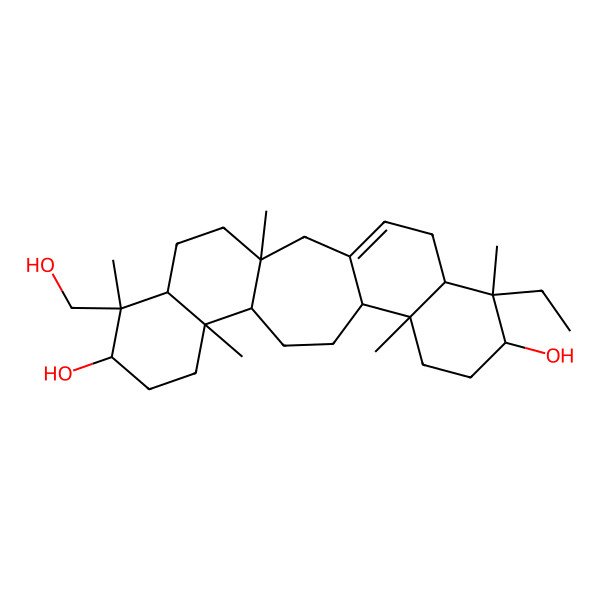 2D Structure of (3S,6R,7S,8S,11R,12S,15S,16R,19S,20R,21R)-20-ethyl-7-(hydroxymethyl)-3,7,11,16,20-pentamethylpentacyclo[13.8.0.03,12.06,11.016,21]tricos-1(23)-ene-8,19-diol