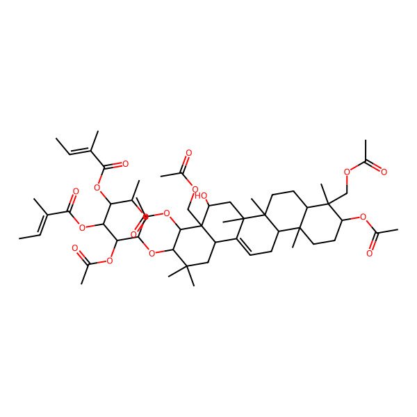 2D Structure of [(2R,3R,4S,5R,6S)-6-[[(3R,4R,4aR,5R,6aR,6aS,6bR,8aR,9S,10S,12aR,14bS)-4,10-diacetyloxy-4a,9-bis(acetyloxymethyl)-5-hydroxy-2,2,6a,6b,9,12a-hexamethyl-1,3,4,5,6,6a,7,8,8a,10,11,12,13,14b-tetradecahydropicen-3-yl]oxy]-5-acetyloxy-2-methyl-4-[(Z)-2-methylbut-2-enoyl]oxyoxan-3-yl] (Z)-2-methylbut-2-enoate