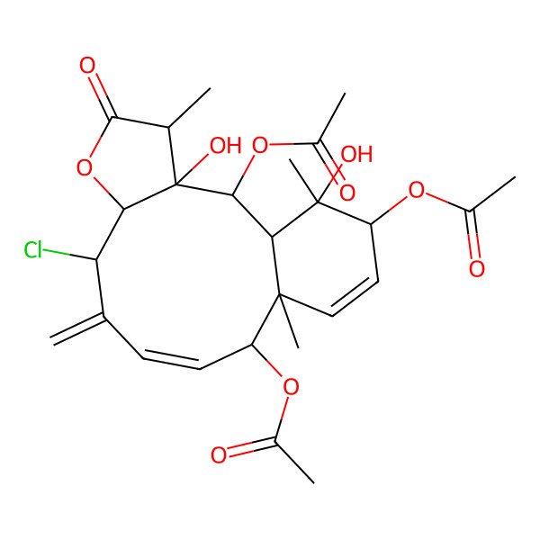 2D Structure of [(1S,2S,3R,4S,7R,8R,10E,12S,13S,16R,17R)-2,16-diacetyloxy-8-chloro-3,17-dihydroxy-4,13,17-trimethyl-9-methylidene-5-oxo-6-oxatricyclo[11.4.0.03,7]heptadeca-10,14-dien-12-yl] acetate