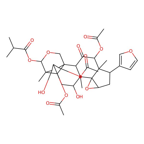 2D Structure of [(1S,2R,4R,5S,6R,8S,10R,11S,12S,14R,15R,16S,19R,20R,21R)-4,19,20-triacetyloxy-6-(furan-3-yl)-12,21-dihydroxy-5,11,15-trimethyl-3-oxo-9,17-dioxahexacyclo[13.3.3.01,14.02,11.05,10.08,10]henicosan-16-yl] 2-methylpropanoate