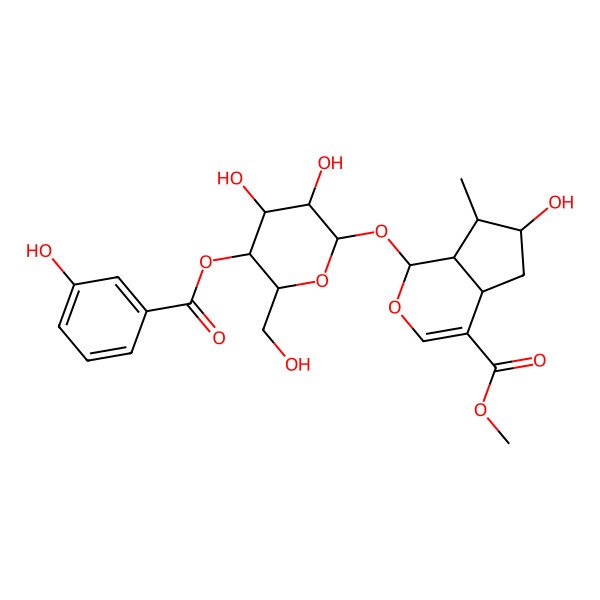 2D Structure of Methyl 1-[3,4-dihydroxy-5-(3-hydroxybenzoyl)oxy-6-(hydroxymethyl)oxan-2-yl]oxy-6-hydroxy-7-methyl-1,4a,5,6,7,7a-hexahydrocyclopenta[c]pyran-4-carboxylate