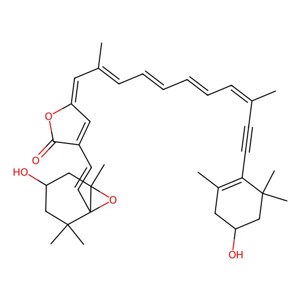 2D Structure of (5Z)-5-((2E,4E,6E,8E)-11-((4R)-4-Hydroxy-2,6,6-trimethyl-1-cyclohexen-1-yl)-2,9-dimethyl-2,4,6,8-undecatetraen-10-yn-1-ylidene)-3-((1E)-2-((1S,4S,6R)-4-hydroxy-2,2,6-trimethyl-7-oxabicyclo(4.1.0)hept-1-yl)ethenyl)-2(5H)-furanone