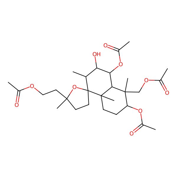 2D Structure of 2-[(2'S,3R,4S,4aS,5S,6R,7R,8R,8aS)-3,5-diacetyloxy-4-(acetyloxymethyl)-6-hydroxy-2',4,7,8a-tetramethylspiro[2,3,4a,5,6,7-hexahydro-1H-naphthalene-8,5'-oxolane]-2'-yl]ethyl acetate