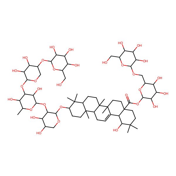 2D Structure of [(2S,3R,4S,5S,6R)-3,4,5-trihydroxy-6-[[(2S,3R,4S,5S,6R)-3,4,5-trihydroxy-6-(hydroxymethyl)oxan-2-yl]oxymethyl]oxan-2-yl] (1S,4aR,6aR,6aS,6bR,8aR,10S,12aR,14bS)-10-[(2S,3R,4S,5R)-3-[(2S,3R,4R,5S,6S)-4-[(2S,3R,4R,5R)-3,4-dihydroxy-5-[(2S,3R,4S,5S,6R)-3,4,5-trihydroxy-6-(hydroxymethyl)oxan-2-yl]oxyoxan-2-yl]oxy-3,5-dihydroxy-6-methyloxan-2-yl]oxy-4,5-dihydroxyoxan-2-yl]oxy-1-hydroxy-2,2,6a,6b,9,9,12a-heptamethyl-1,3,4,5,6,6a,7,8,8a,10,11,12,13,14b-tetradecahydropicene-4a-carboxylate
