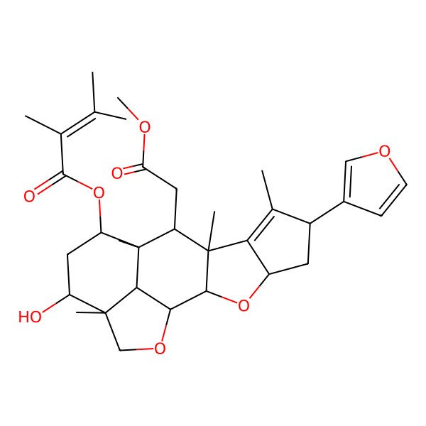 2D Structure of [(1R,2S,4R,6R,9R,10R,11R,12S,14R,15R,18R)-6-(furan-3-yl)-14-hydroxy-10-(2-methoxy-2-oxoethyl)-7,9,11,15-tetramethyl-3,17-dioxapentacyclo[9.6.1.02,9.04,8.015,18]octadec-7-en-12-yl] 2,3-dimethylbut-2-enoate