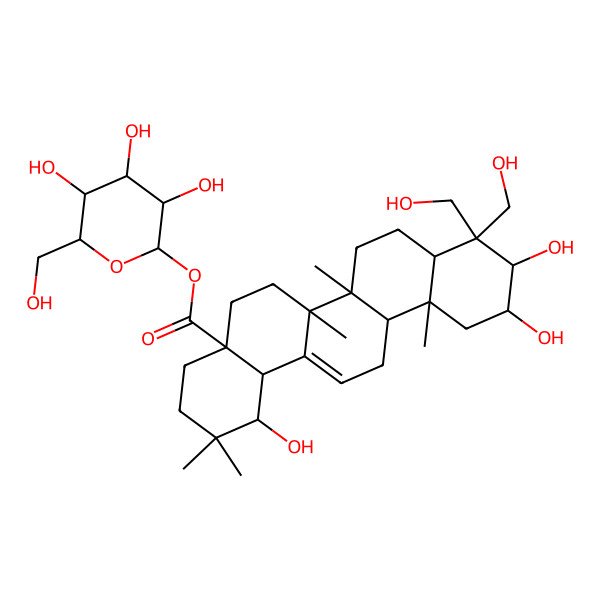 2D Structure of [3,4,5-Trihydroxy-6-(hydroxymethyl)oxan-2-yl] 1,10,11-trihydroxy-9,9-bis(hydroxymethyl)-2,2,6a,6b,12a-pentamethyl-1,3,4,5,6,6a,7,8,8a,10,11,12,13,14b-tetradecahydropicene-4a-carboxylate