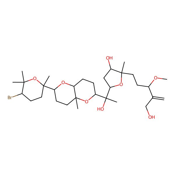 2D Structure of 5-[1-[2-(5-bromo-2,6,6-trimethyloxan-2-yl)-4a-methyl-3,4,6,7,8,8a-hexahydro-2H-pyrano[3,2-b]pyran-6-yl]-1-hydroxyethyl]-2-[4-(hydroxymethyl)-3-methoxypent-4-enyl]-2-methyloxolan-3-ol