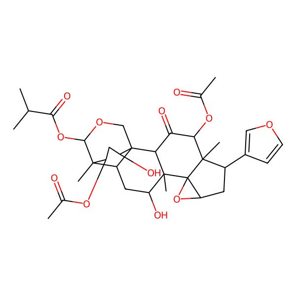 2D Structure of [(1S,2R,4R,5R,6S,8R,10S,11S,12R,14R,15R,16S,19S,21R)-4,21-diacetyloxy-6-(furan-3-yl)-12,19-dihydroxy-5,11,15-trimethyl-3-oxo-9,17-dioxahexacyclo[13.3.3.01,14.02,11.05,10.08,10]henicosan-16-yl] 2-methylpropanoate