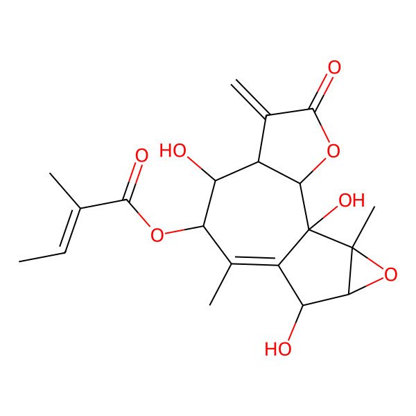 2D Structure of (1,7,11-Trihydroxy-9,14-dimethyl-5-methylidene-4-oxo-3,13-dioxatetracyclo[8.4.0.02,6.012,14]tetradec-9-en-8-yl) 2-methylbut-2-enoate