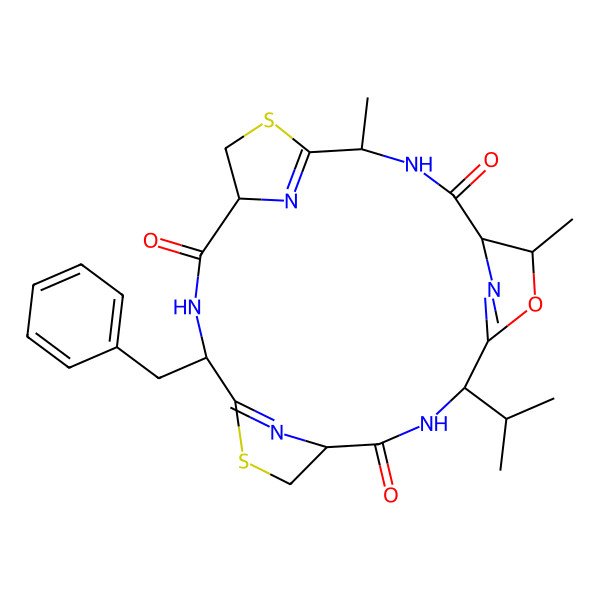 2D Structure of 18-Benzyl-7,11-dimethyl-4-propan-2-yl-6-oxa-13,20-dithia-3,10,17,22,23,24-hexazatetracyclo[17.2.1.15,8.112,15]tetracosa-5(24),12(23),19(22)-triene-2,9,16-trione