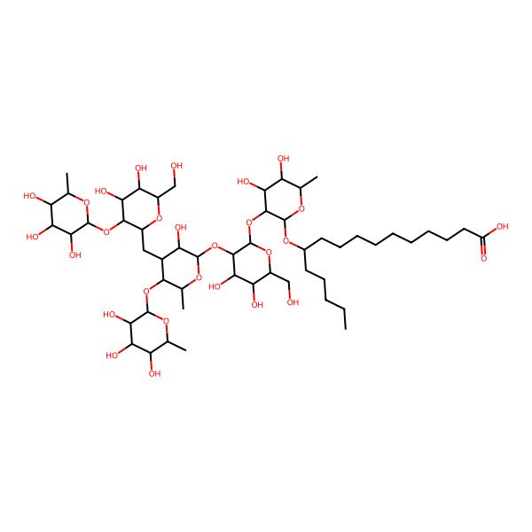 2D Structure of 11-[(2R,3R,4S,5S,6R)-3-[(2S,3R,4S,5S,6R)-3-[(2S,3R,4S,5R,6S)-4-[[(2S,3R,4S,5S,6R)-4,5-dihydroxy-6-(hydroxymethyl)-3-[(2S,3R,4S,5S,6R)-3,4,5-trihydroxy-6-methyloxan-2-yl]oxyoxan-2-yl]methyl]-3-hydroxy-6-methyl-5-[(2S,3R,4S,5R,6R)-3,4,5-trihydroxy-6-methyloxan-2-yl]oxyoxan-2-yl]oxy-4,5-dihydroxy-6-(hydroxymethyl)oxan-2-yl]oxy-4,5-dihydroxy-6-methyloxan-2-yl]oxyhexadecanoic acid