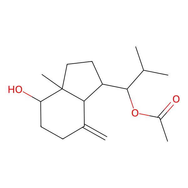 2D Structure of [(1R)-1-[(1S,3aR,4R,7aS)-4-hydroxy-3a-methyl-7-methylidene-2,3,4,5,6,7a-hexahydro-1H-inden-1-yl]-2-methylpropyl] acetate