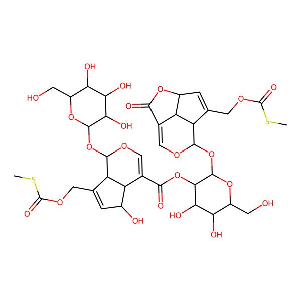 2D Structure of [4,5-Dihydroxy-6-(hydroxymethyl)-2-[[6-(methylsulfanylcarbonyloxymethyl)-2-oxo-3,9-dioxatricyclo[5.3.1.04,11]undeca-1(10),5-dien-8-yl]oxy]oxan-3-yl] 5-hydroxy-7-(methylsulfanylcarbonyloxymethyl)-1-[3,4,5-trihydroxy-6-(hydroxymethyl)oxan-2-yl]oxy-1,4a,5,7a-tetrahydrocyclopenta[c]pyran-4-carboxylate