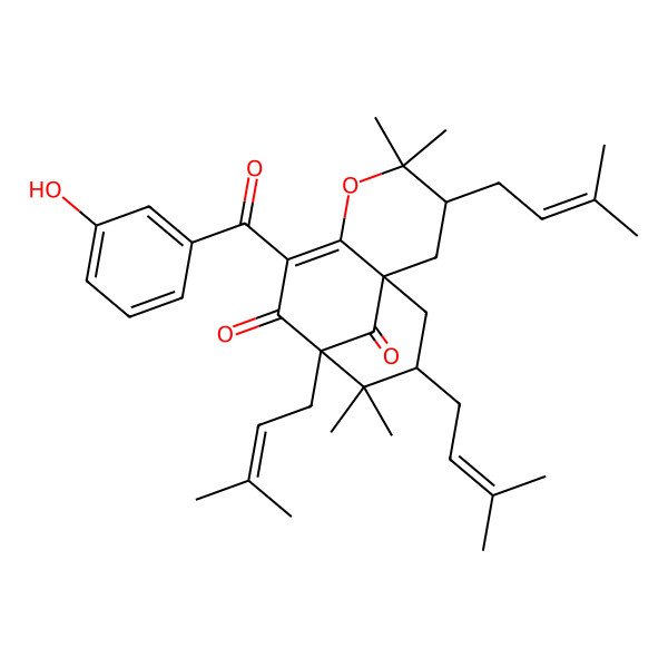 2D Structure of 7-(3-Hydroxybenzoyl)-4,4,10,10-tetramethyl-3,9,11-tris(3-methylbut-2-enyl)-5-oxatricyclo[7.3.1.01,6]tridec-6-ene-8,13-dione