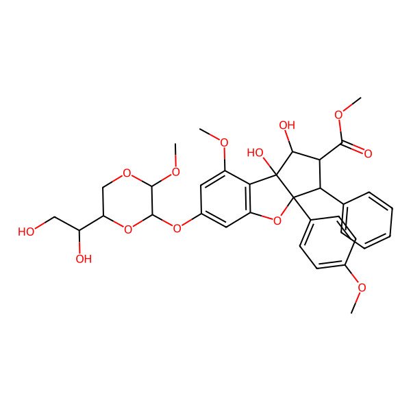 2D Structure of methyl 6-[[6-(1,2-dihydroxyethyl)-3-methoxy-1,4-dioxan-2-yl]oxy]-1,8b-dihydroxy-8-methoxy-3a-(4-methoxyphenyl)-3-phenyl-2,3-dihydro-1H-cyclopenta[b][1]benzofuran-2-carboxylate