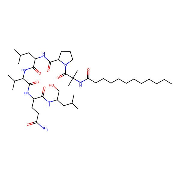 2D Structure of (2S)-2-[[(2S)-2-[[(2S)-2-[[1-[2-(dodecanoylamino)-2-methyl-propanoyl]pyrrolidine-2-carbonyl]amino]-4-methyl-pentanoyl]amino]-3-methyl-butanoyl]amino]-N-[(1S)-1-(hydroxymethyl)-3-methyl-butyl]pentanediamide
