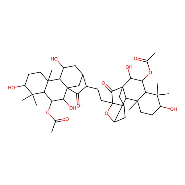 2D Structure of [(1R,2R,3R,4S,6S,9S,10S,11S,13S,14R)-14-[2-[(1R,2R,3R,4S,6S,9S,10S,11S,13R,14S)-3-acetyloxy-2,6-dihydroxy-5,5,9-trimethyl-16-oxo-12-oxapentacyclo[11.2.1.111,14.01,10.04,9]heptadecan-13-yl]ethyl]-2,6,11-trihydroxy-5,5,9-trimethyl-15-oxo-3-tetracyclo[11.2.1.01,10.04,9]hexadecanyl] acetate