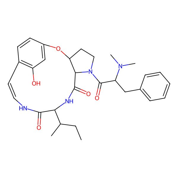 2D Structure of (3S,7S,10S,13Z)-10-[(2R)-butan-2-yl]-6-[(2S)-2-(dimethylamino)-3-phenylpropanoyl]-16-hydroxy-2-oxa-6,9,12-triazatricyclo[13.2.2.03,7]nonadeca-1(17),13,15,18-tetraene-8,11-dione