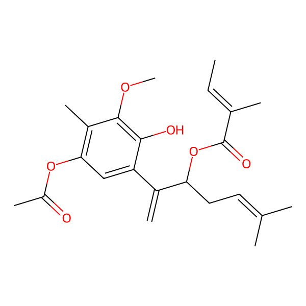 2D Structure of [(3S)-2-(5-acetyloxy-2-hydroxy-3-methoxy-4-methylphenyl)-6-methylhepta-1,5-dien-3-yl] (Z)-2-methylbut-2-enoate