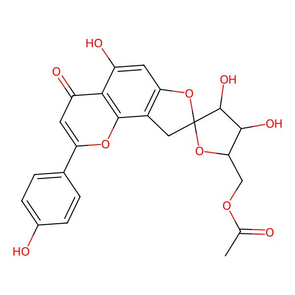 2D Structure of [(2'R,3'S,4'R,8S)-3',4',5-trihydroxy-2-(4-hydroxyphenyl)-4-oxospiro[9H-furo[2,3-h]chromene-8,5'-oxolane]-2'-yl]methyl acetate