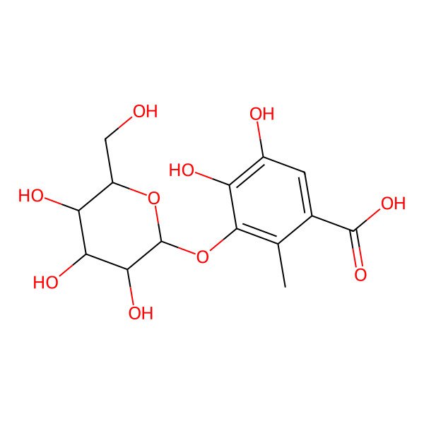 2D Structure of 4,5-dihydroxy-2-methyl-3-[(2S,3R,4S,5S,6R)-3,4,5-trihydroxy-6-(hydroxymethyl)oxan-2-yl]oxybenzoic acid