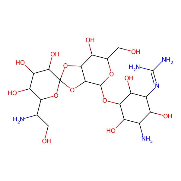 2D Structure of 2-[3-amino-5-[6'-(1-amino-2-hydroxyethyl)-3',4',5',7-tetrahydroxy-6-(hydroxymethyl)spiro[4,6,7,7a-tetrahydro-3aH-[1,3]dioxolo[4,5-c]pyran-2,2'-oxane]-4-yl]oxy-2,4,6-trihydroxycyclohexyl]guanidine