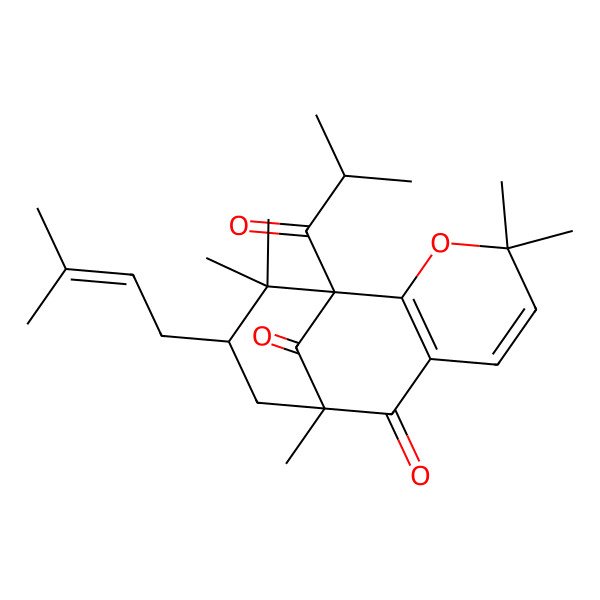 2D Structure of 4,4,9,12,12-Pentamethyl-11-(3-methylbut-2-enyl)-1-(2-methylpropanoyl)-3-oxatricyclo[7.3.1.02,7]trideca-2(7),5-diene-8,13-dione