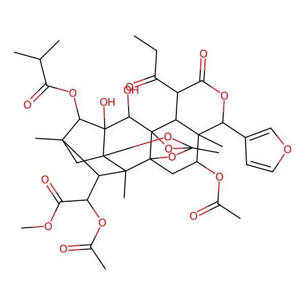 2D Structure of [(1R,2R,3S,6S,7S,8S,10S,12S,14R,15R,16S,17R,18S,19R,20R)-8-acetyloxy-16-[(1R)-1-acetyloxy-2-methoxy-2-oxoethyl]-6-(furan-3-yl)-19,20-dihydroxy-7,12,15,17-tetramethyl-4-oxo-3-propanoyl-5,11,13,21-tetraoxaheptacyclo[10.8.1.114,17.01,10.02,7.010,15.014,19]docosan-18-yl] 2-methylpropanoate