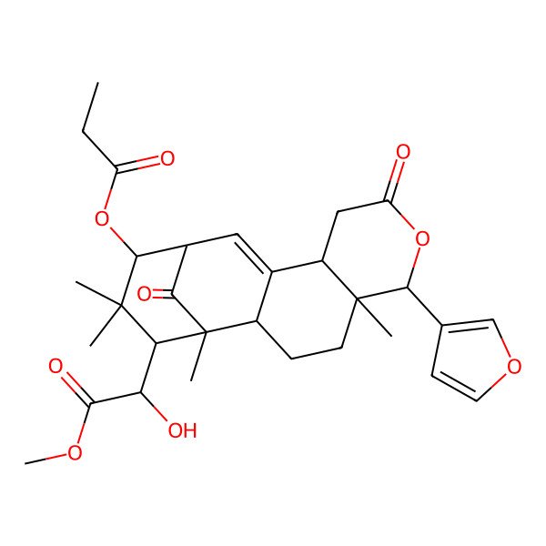 2D Structure of [(1R,2S,5R,6R,10S,13S,14R,16S)-6-(furan-3-yl)-16-[(1R)-1-hydroxy-2-methoxy-2-oxoethyl]-1,5,15,15-tetramethyl-8,17-dioxo-7-oxatetracyclo[11.3.1.02,11.05,10]heptadec-11-en-14-yl] propanoate