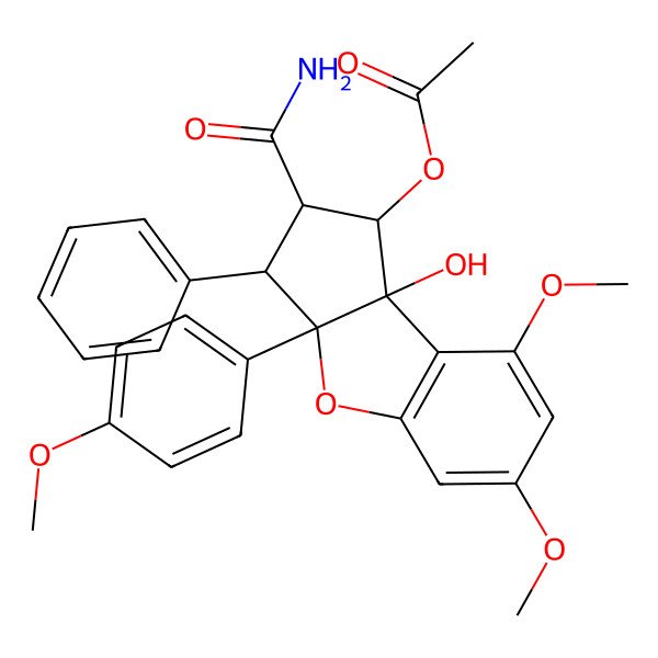 2D Structure of [2-carbamoyl-8b-hydroxy-6,8-dimethoxy-3a-(4-methoxyphenyl)-3-phenyl-2,3-dihydro-1H-cyclopenta[b][1]benzofuran-1-yl] acetate