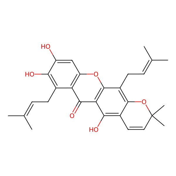 2D Structure of 5,8,9-Trihydroxy-2,2-dimethyl-7,12-bis(3-methylbut-2-enyl)pyrano[3,2-b]xanthen-6-one