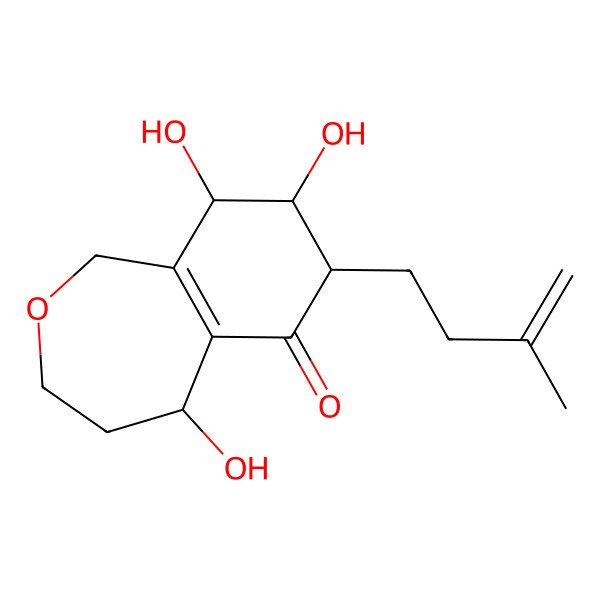 2D Structure of 5,8,9-trihydroxy-7-(3-methylbut-3-enyl)-3,4,5,7,8,9-hexahydro-1H-2-benzoxepin-6-one
