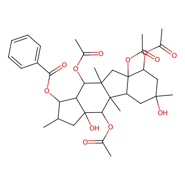 2D Structure of (4,8,8a,10-tetraacetyloxy-3a,6-dihydroxy-2,4a,6,9a-tetramethyl-2,3,4,4b,5,7,8,9,10,10a-decahydro-1H-cyclopenta[b]fluoren-1-yl) benzoate