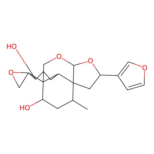 2D Structure of (1R,4S,6S,8R,9S,12S,13R,14R,16R)-6-(furan-3-yl)-16-methylspiro[3,5-dioxatetracyclo[6.5.3.01,9.04,8]hexadecane-13,2'-oxirane]-12,14-diol