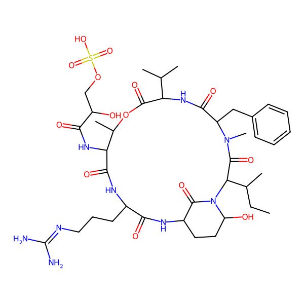 2D Structure of [3-[[5-Benzyl-2-butan-2-yl-15-[3-(diaminomethylideneamino)propyl]-21-hydroxy-4,11-dimethyl-3,6,9,13,16,22-hexaoxo-8-propan-2-yl-10-oxa-1,4,7,14,17-pentazabicyclo[16.3.1]docosan-12-yl]amino]-2-hydroxy-3-oxopropyl] hydrogen sulfate