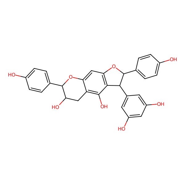 2D Structure of (2R,3R,6S,7R)-3-(3,5-dihydroxyphenyl)-2,7-bis(4-hydroxyphenyl)-3,5,6,7-tetrahydro-2H-furo[3,2-g]chromene-4,6-diol