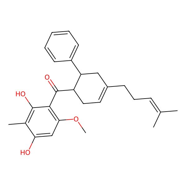 2D Structure of (2,4-dihydroxy-6-methoxy-3-methylphenyl)-[(1R,6R)-4-(4-methylpent-3-enyl)-6-phenylcyclohex-3-en-1-yl]methanone