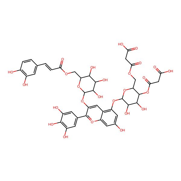 2D Structure of 3-[[(2S,3S,4R,5R,6S)-3-(2-carboxyacetyl)oxy-6-[3-[(2S,3S,4S,5S,6S)-6-[[(E)-3-(3,4-dihydroxyphenyl)prop-2-enoyl]oxymethyl]-3,4,5-trihydroxyoxan-2-yl]oxy-7-hydroxy-2-(3,4,5-trihydroxyphenyl)chromenylium-5-yl]oxy-4,5-dihydroxyoxan-2-yl]methoxy]-3-oxopropanoic acid
