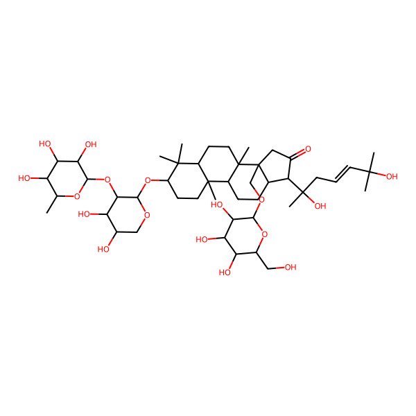 2D Structure of 17-(2,6-Dihydroxy-6-methylhept-4-en-2-yl)-3-[4,5-dihydroxy-3-(3,4,5-trihydroxy-6-methyloxan-2-yl)oxyoxan-2-yl]oxy-4,4,8,10-tetramethyl-14-[[3,4,5-trihydroxy-6-(hydroxymethyl)oxan-2-yl]oxymethyl]-1,2,3,5,6,7,9,11,12,13,15,17-dodecahydrocyclopenta[a]phenanthren-16-one
