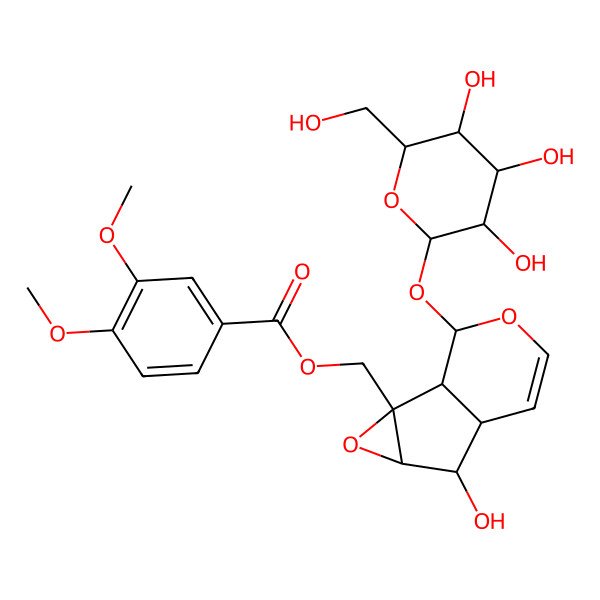 2D Structure of [(1S,2S,4S,5S,6R,10S)-5-hydroxy-10-[(2S,3R,4S,5S,6R)-3,4,5-trihydroxy-6-(hydroxymethyl)oxan-2-yl]oxy-3,9-dioxatricyclo[4.4.0.02,4]dec-7-en-2-yl]methyl 3,4-dimethoxybenzoate