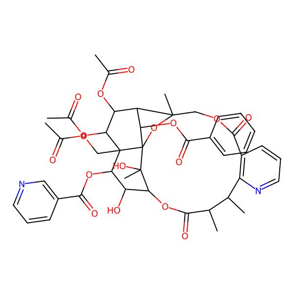 2D Structure of [(1S,3S,13S,14R,17S,18S,19S,20R,21S,22R,24R,25S)-21,22-diacetyloxy-20-(acetyloxymethyl)-24-benzoyloxy-18,25-dihydroxy-3,13,14,25-tetramethyl-6,15-dioxo-2,5,16-trioxa-11-azapentacyclo[15.7.1.01,20.03,23.07,12]pentacosa-7(12),8,10-trien-19-yl] pyridine-3-carboxylate