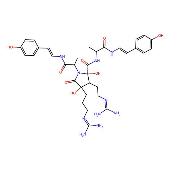 2D Structure of 3-[2-(diaminomethylideneamino)ethyl]-4-[3-(diaminomethylideneamino)propyl]-2,4-dihydroxy-N,1-bis[1-[2-(4-hydroxyphenyl)ethenylamino]-1-oxopropan-2-yl]-5-oxopyrrolidine-2-carboxamide