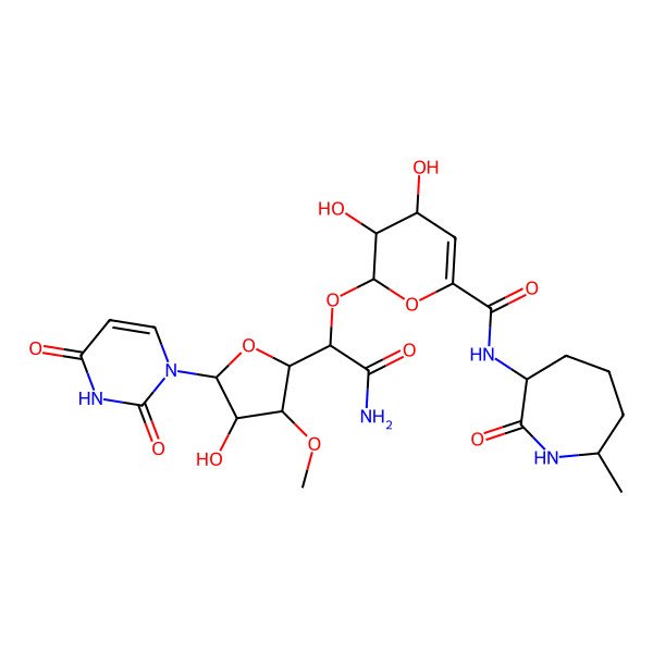 2D Structure of (2S,3S,4S)-2-[(1R)-2-amino-1-[(2S,3S,4R,5R)-5-(2,4-dioxopyrimidin-1-yl)-4-hydroxy-3-methoxyoxolan-2-yl]-2-oxoethoxy]-3,4-dihydroxy-N-[(3S,7R)-7-methyl-2-oxoazepan-3-yl]-3,4-dihydro-2H-pyran-6-carboxamide