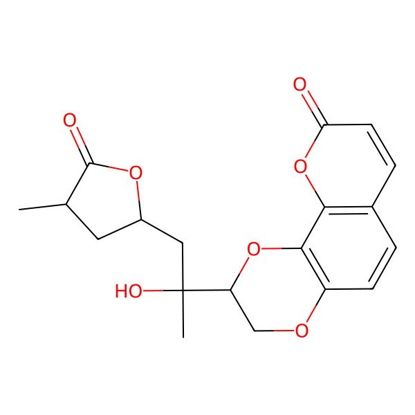 2D Structure of (2S)-2-[(2R)-2-hydroxy-1-[(2S,4R)-4-methyl-5-oxooxolan-2-yl]propan-2-yl]-2,3-dihydropyrano[3,2-h][1,4]benzodioxin-9-one