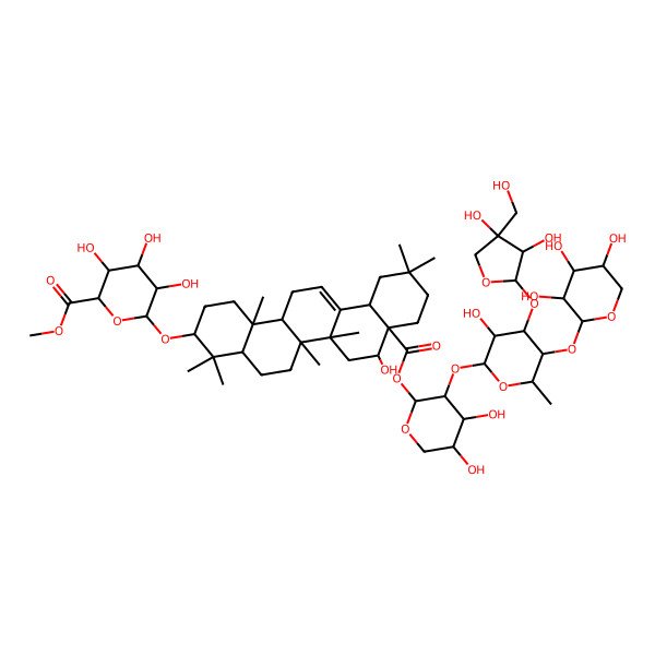 2D Structure of methyl (2S,3S,4S,5R,6R)-6-[[(3S,4aS,6aR,6bS,8R,8aR,12aR,14aS,14bR)-8a-[(2S,3R,4S,5S)-3-[(2S,3R,4S,5S,6S)-4-[(2S,3R,4R)-3,4-dihydroxy-4-(hydroxymethyl)oxolan-2-yl]oxy-3-hydroxy-6-methyl-5-[(2S,3R,4S,5R)-3,4,5-trihydroxyoxan-2-yl]oxyoxan-2-yl]oxy-4,5-dihydroxyoxan-2-yl]oxycarbonyl-8-hydroxy-4,4,6a,6b,11,11,14b-heptamethyl-1,2,3,4a,5,6,7,8,9,10,12,12a,14,14a-tetradecahydropicen-3-yl]oxy]-3,4,5-trihydroxyoxane-2-carboxylate