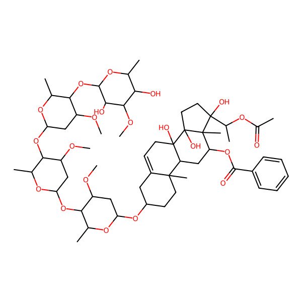 2D Structure of [17-(1-Acetyloxyethyl)-3-[5-[5-[5-(3,5-dihydroxy-4-methoxy-6-methyloxan-2-yl)oxy-4-methoxy-6-methyloxan-2-yl]oxy-4-methoxy-6-methyloxan-2-yl]oxy-4-methoxy-6-methyloxan-2-yl]oxy-8,14,17-trihydroxy-10,13-dimethyl-1,2,3,4,7,9,11,12,15,16-decahydrocyclopenta[a]phenanthren-12-yl] benzoate